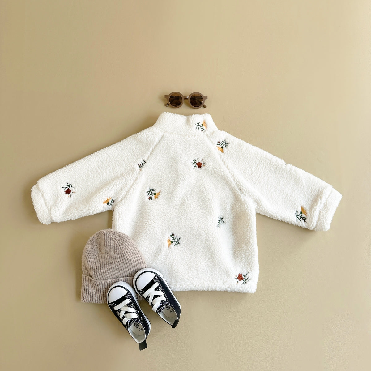 Toddler Half-Zip Sherpa Fleece Jacket, Floral Embroidery Warm Kids Outerwear
