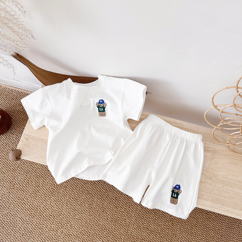 Summer Bear Embroidery Short Sleeve Tee Set