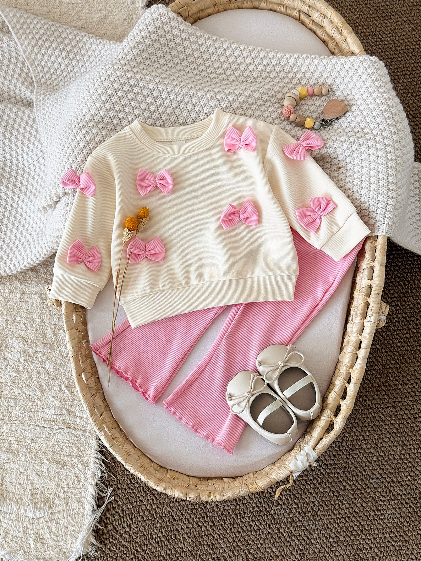 Baby Girl Pink Bow Long Sleeve Top and Flared Pants 2-Piece Set