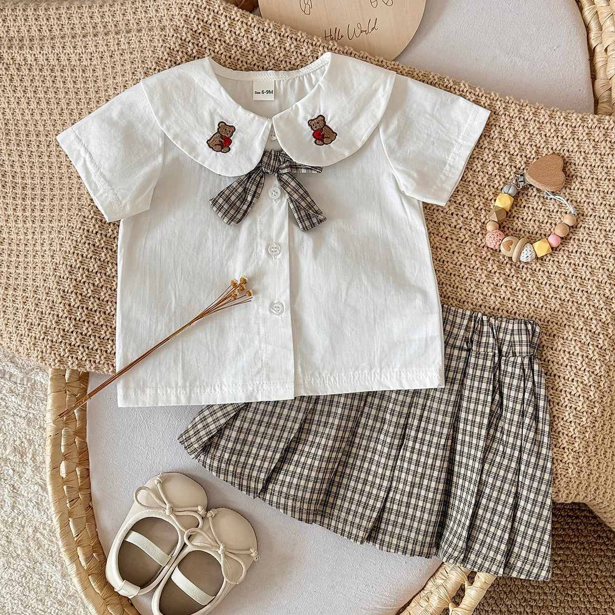 Bear Embroidery Peter Pan Collar Baby Skirt Set
