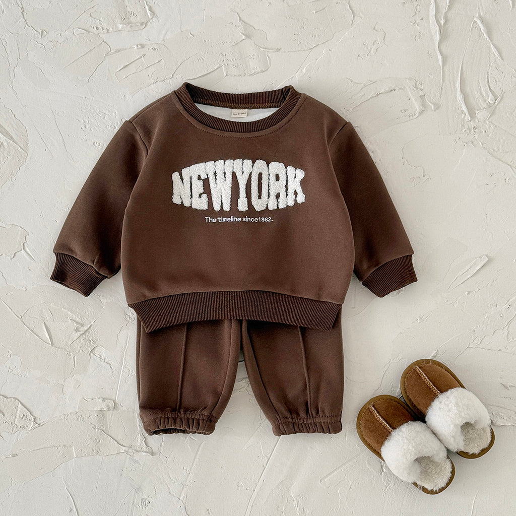 Dark Brown Toddler Fleece 2Pcs Letter Sweatshirt Pocket Jogger Warm Outfit