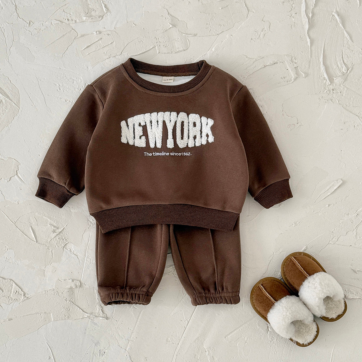 Dark Brown Toddler Fleece 2Pcs Letter Sweatshirt Pocket Jogger Warm Outfit