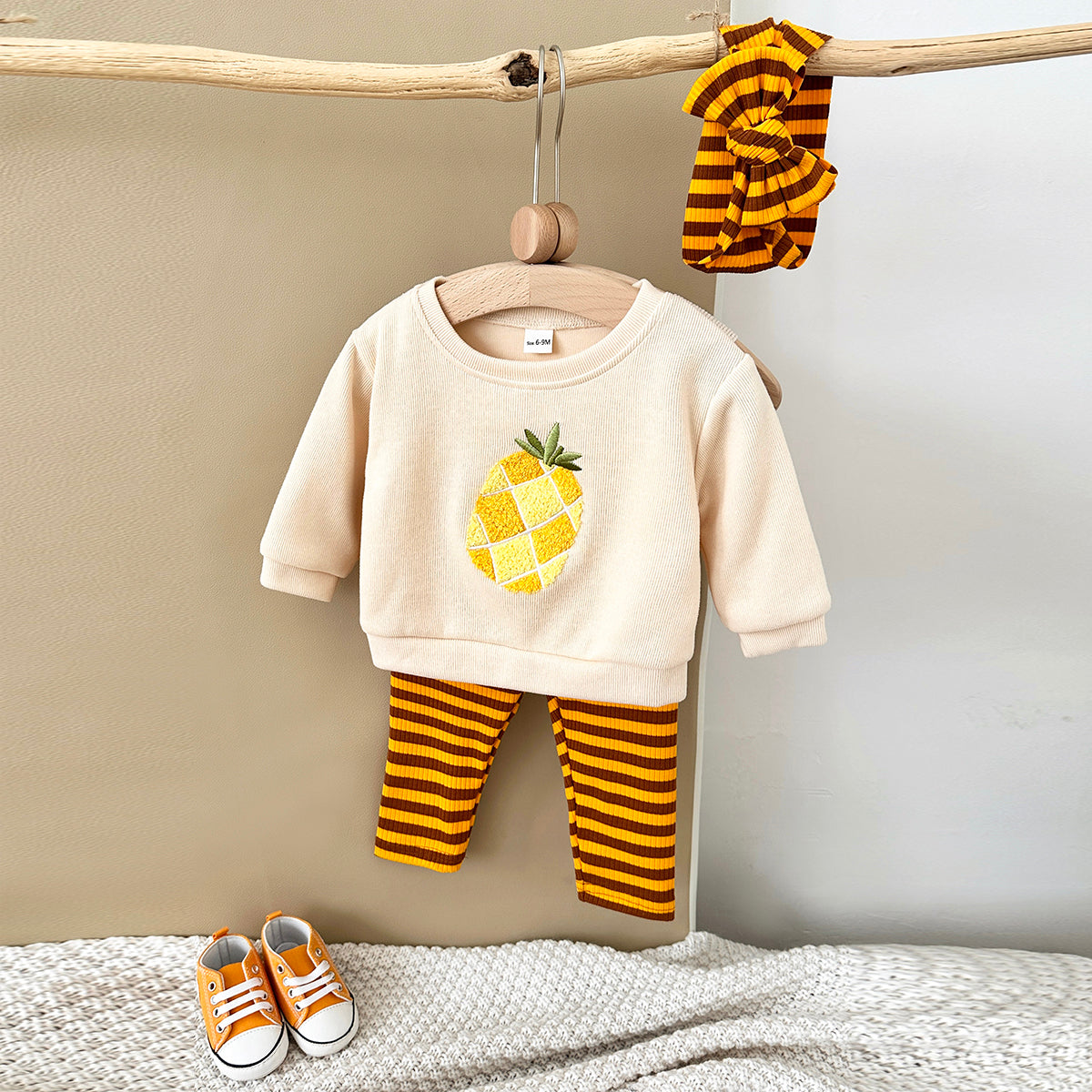 Ins Style Toddler Strawberry Pineapple Set, Top Striped Leggings & Headband
