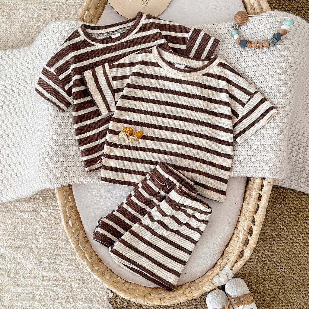 Baby Waffle Striped Tee & Shorts 2 Piece Summer Outfit