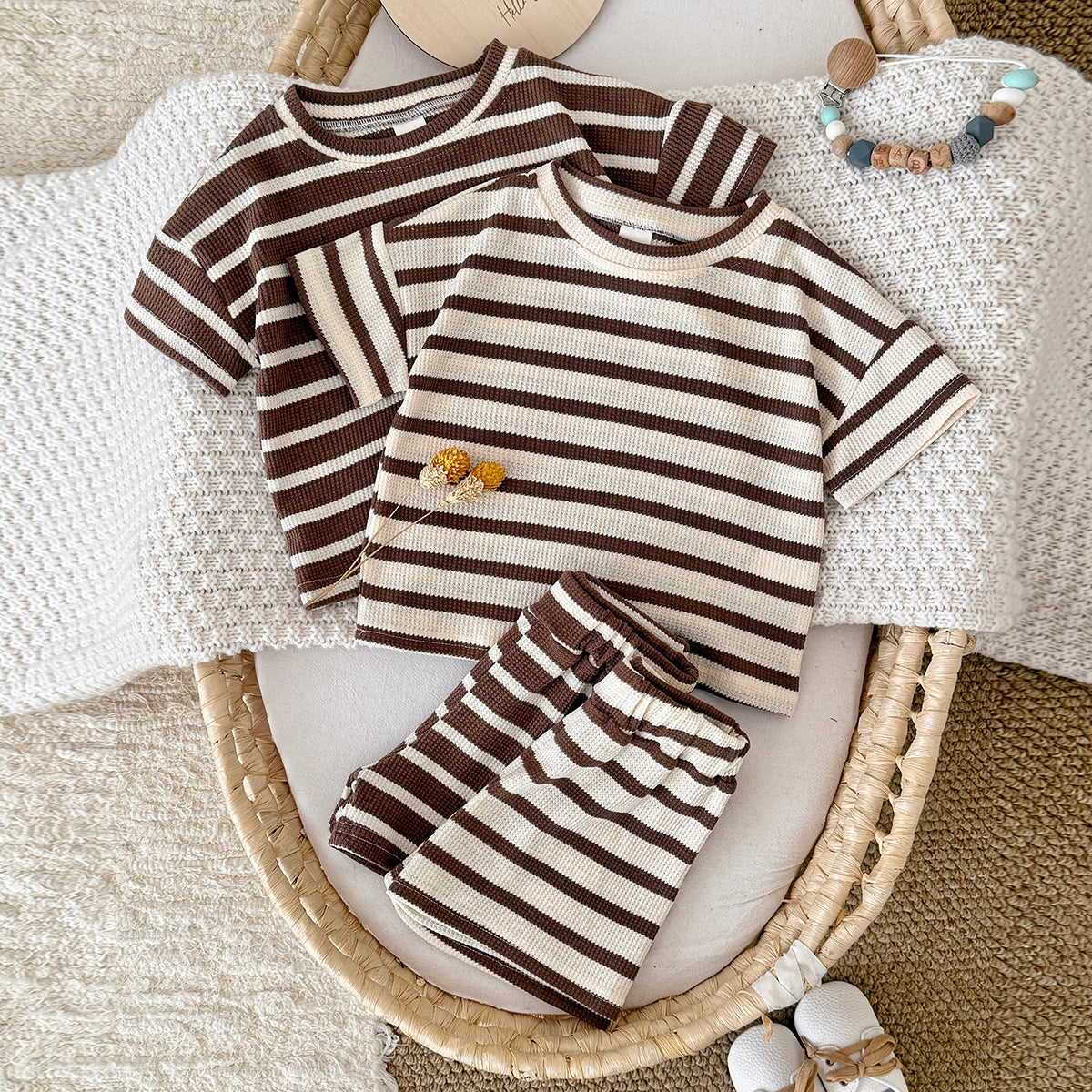 Baby Waffle Striped Tee & Shorts 2 Piece Summer Outfit
