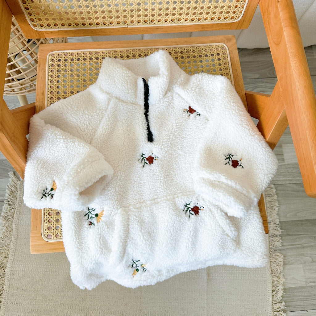 Toddler Half-Zip Sherpa Fleece Jacket, Floral Embroidery Warm Kids Outerwear