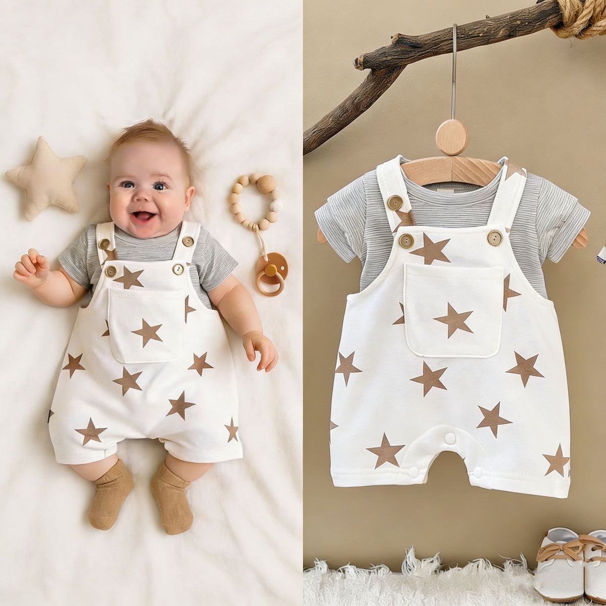 Star Print Baby Overalls 2Pcs Set Striped Short Sleeve Tee