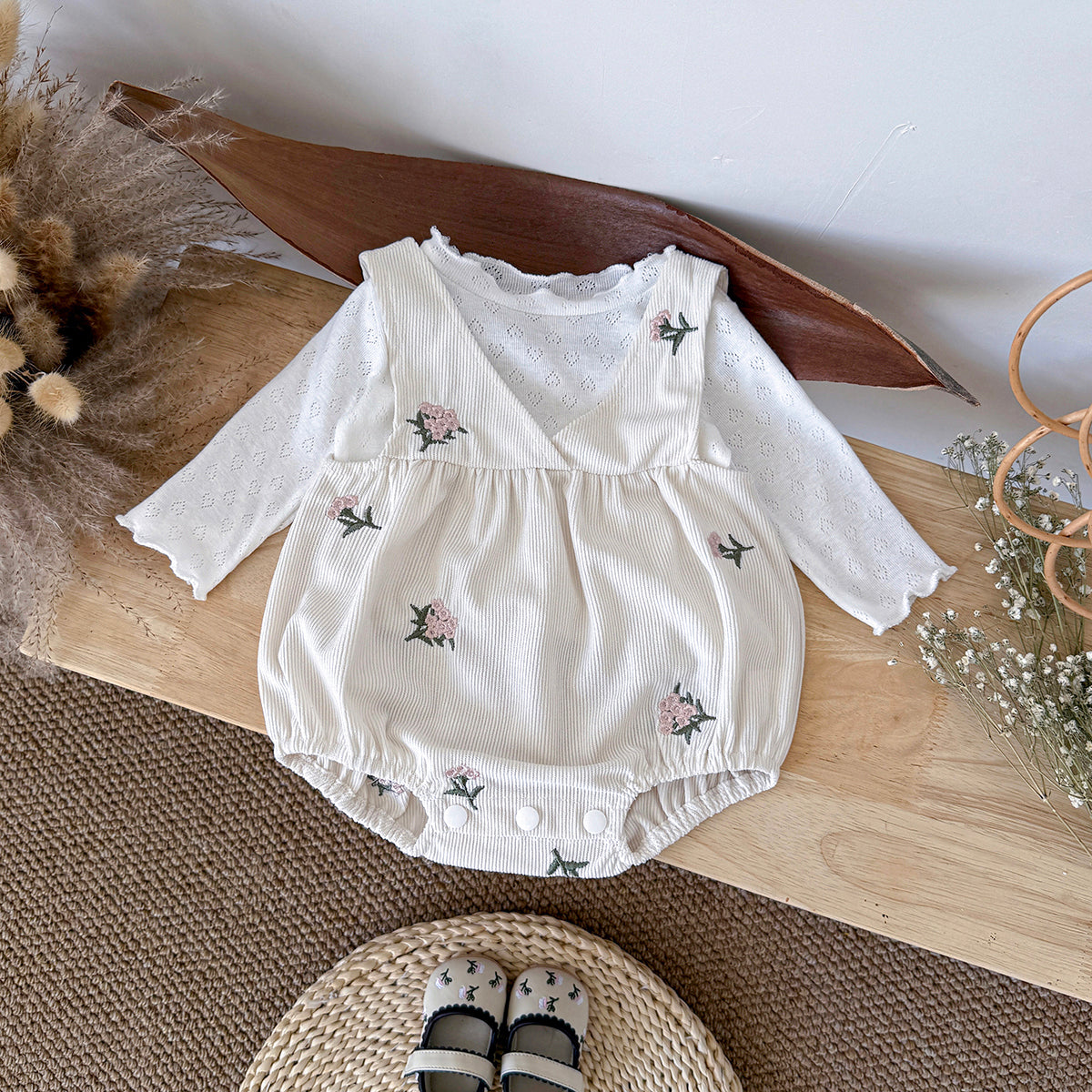 Baby Floral Embroidered Romper and Pants Set Spring Autumn 1-18 Months Old