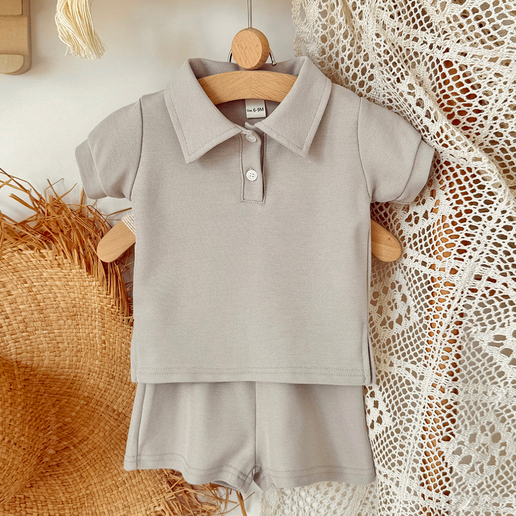 Baby Solid Polo Shirt & Elastic Waist Shorts Summer 2Pcs Outfit
