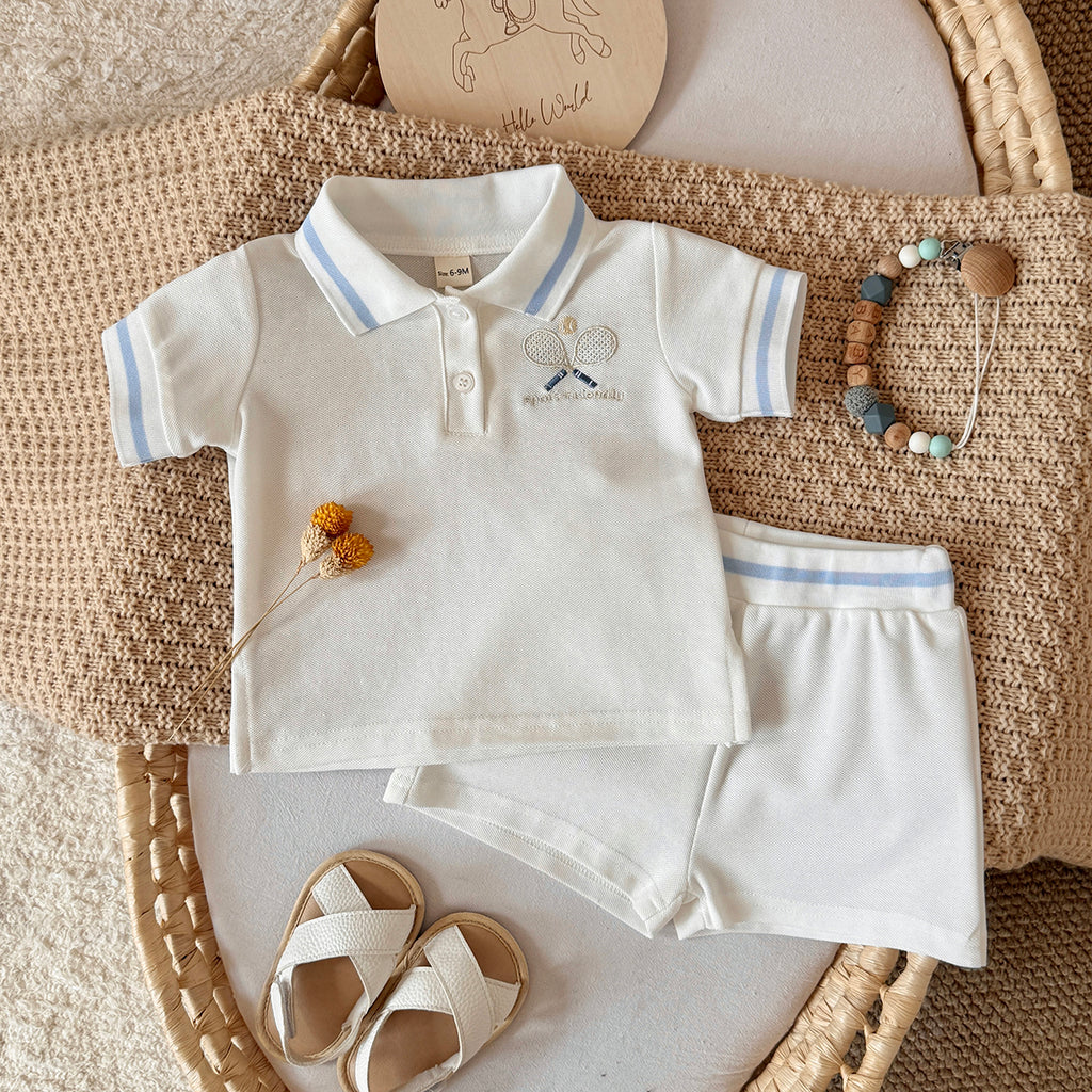 White Baby Polo Outfit with Tennis Racket Embroidery, 2-Piece Shorts Set