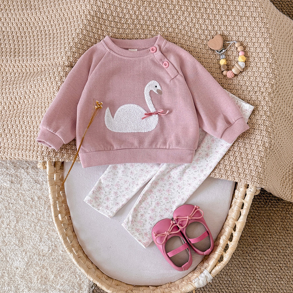 Pink Swan Towel Embroidery Girl Baby Set 0-3 Years Old