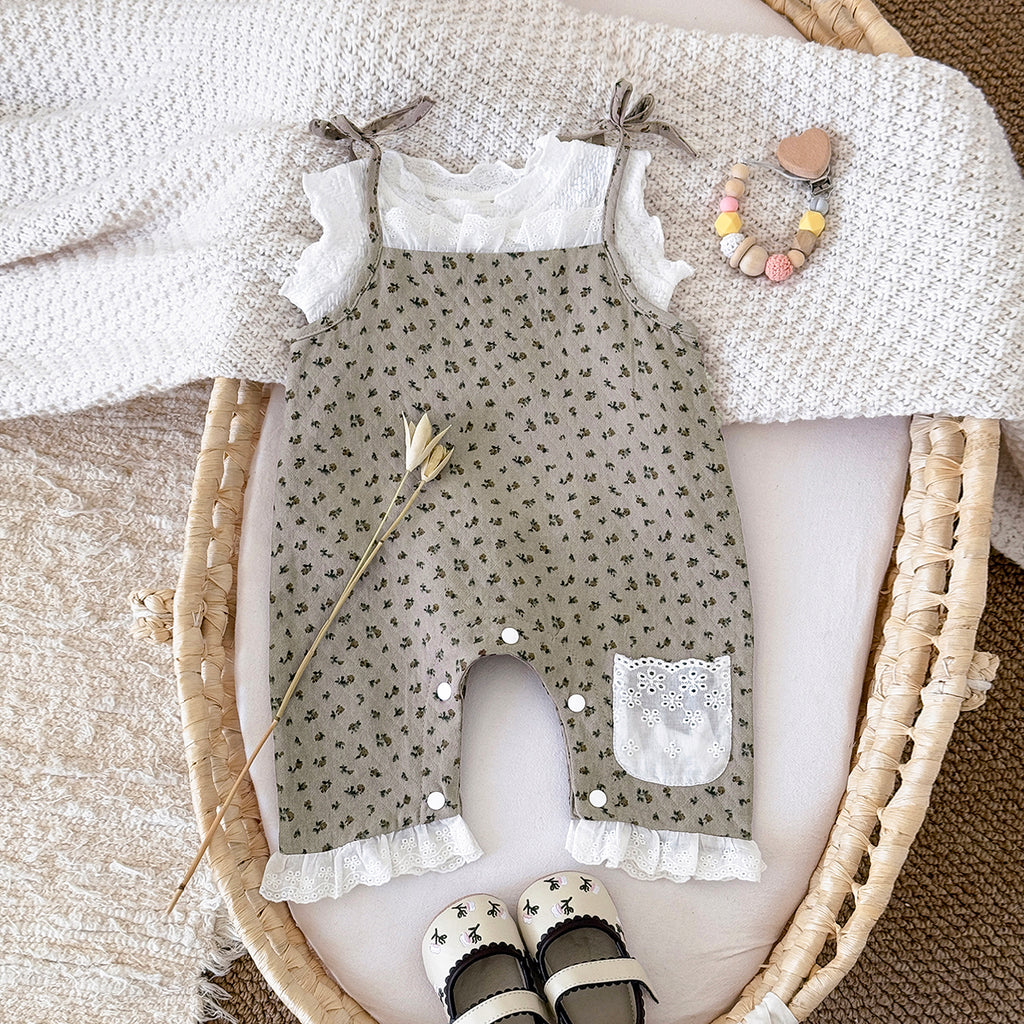 Summer White Top & Brown Floral Overalls Set