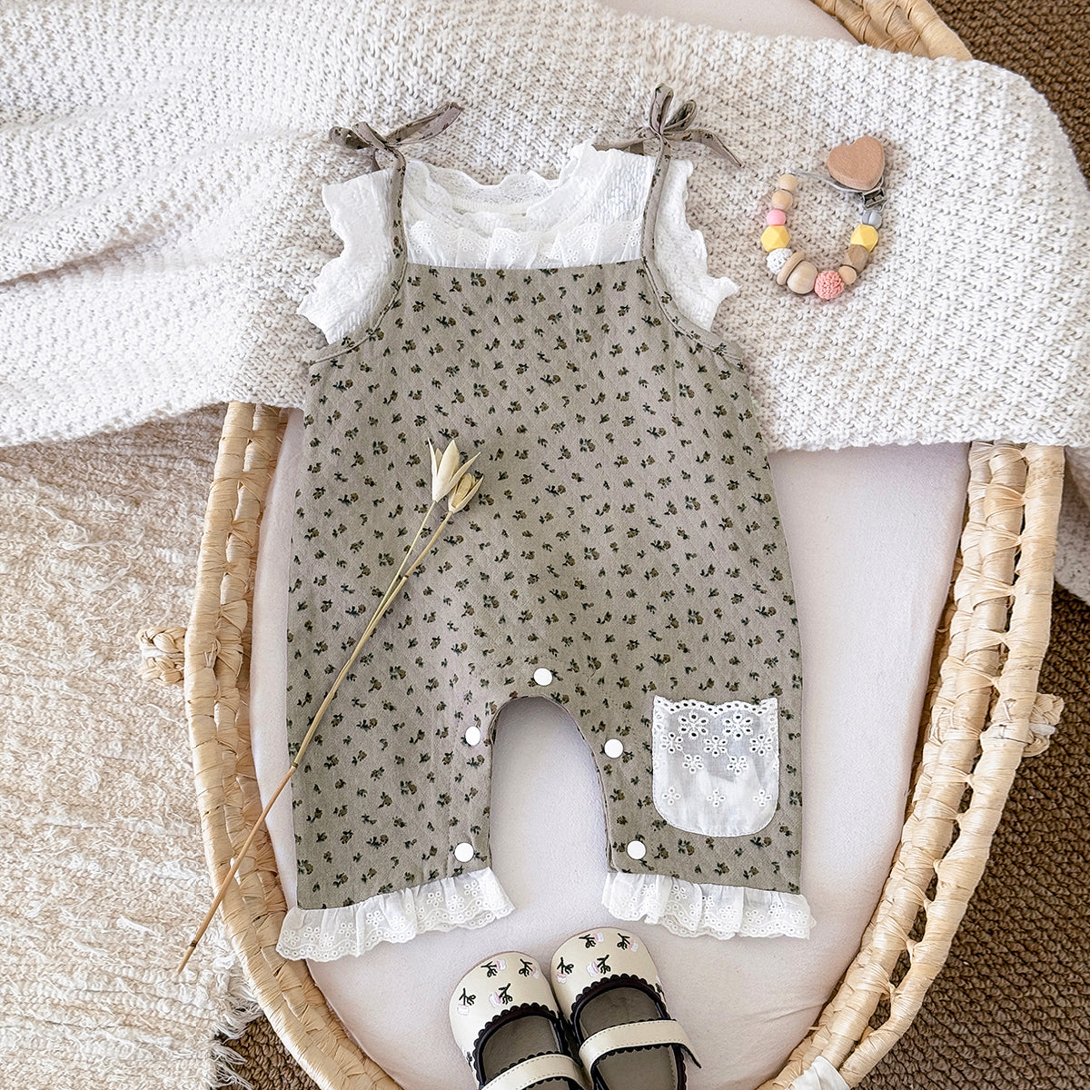 Summer White Top & Brown Floral Overalls Set