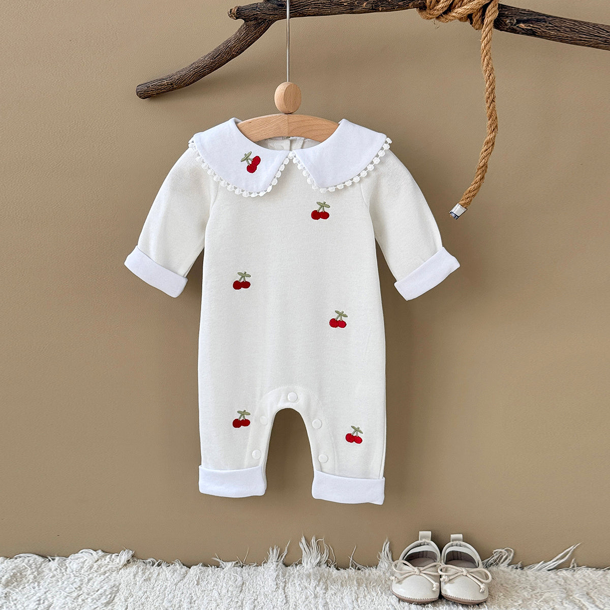 Baby Cherry Embroidered Long Sleeve Romper Jumpsuit 1-18Months
