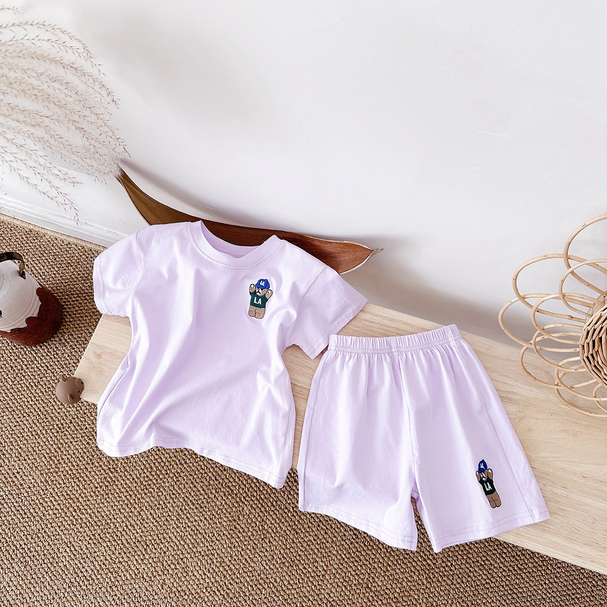 Summer Bear Embroidery Short Sleeve Tee Set