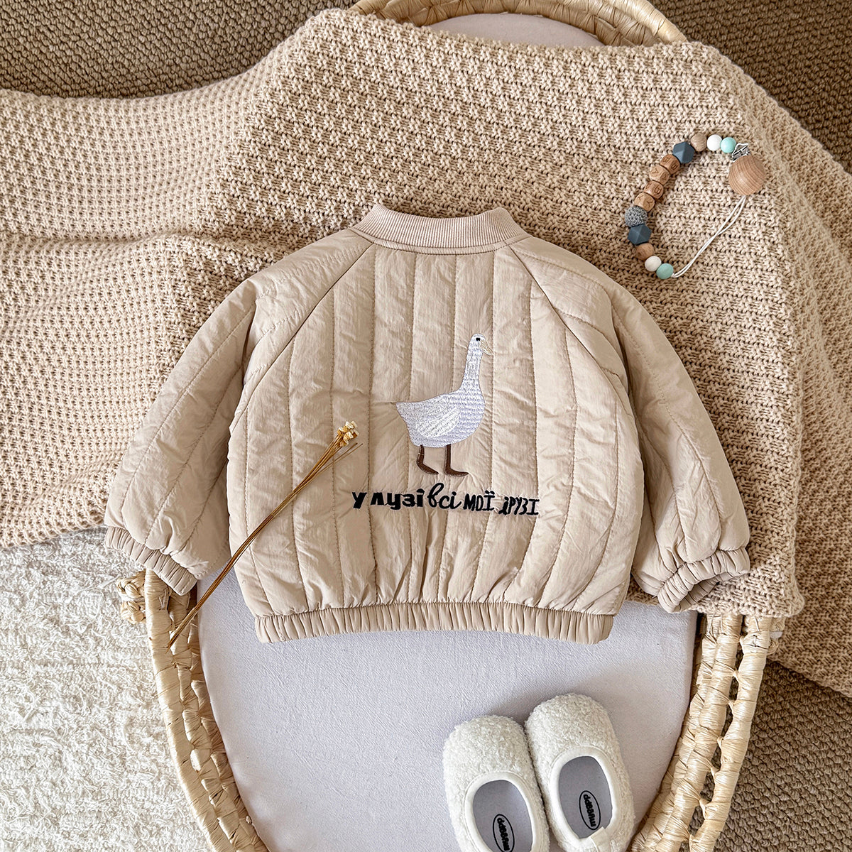 Fun Cartoon Embroidery Infant Quilted Coat Vertical Stitch Toddler Fall Jacket