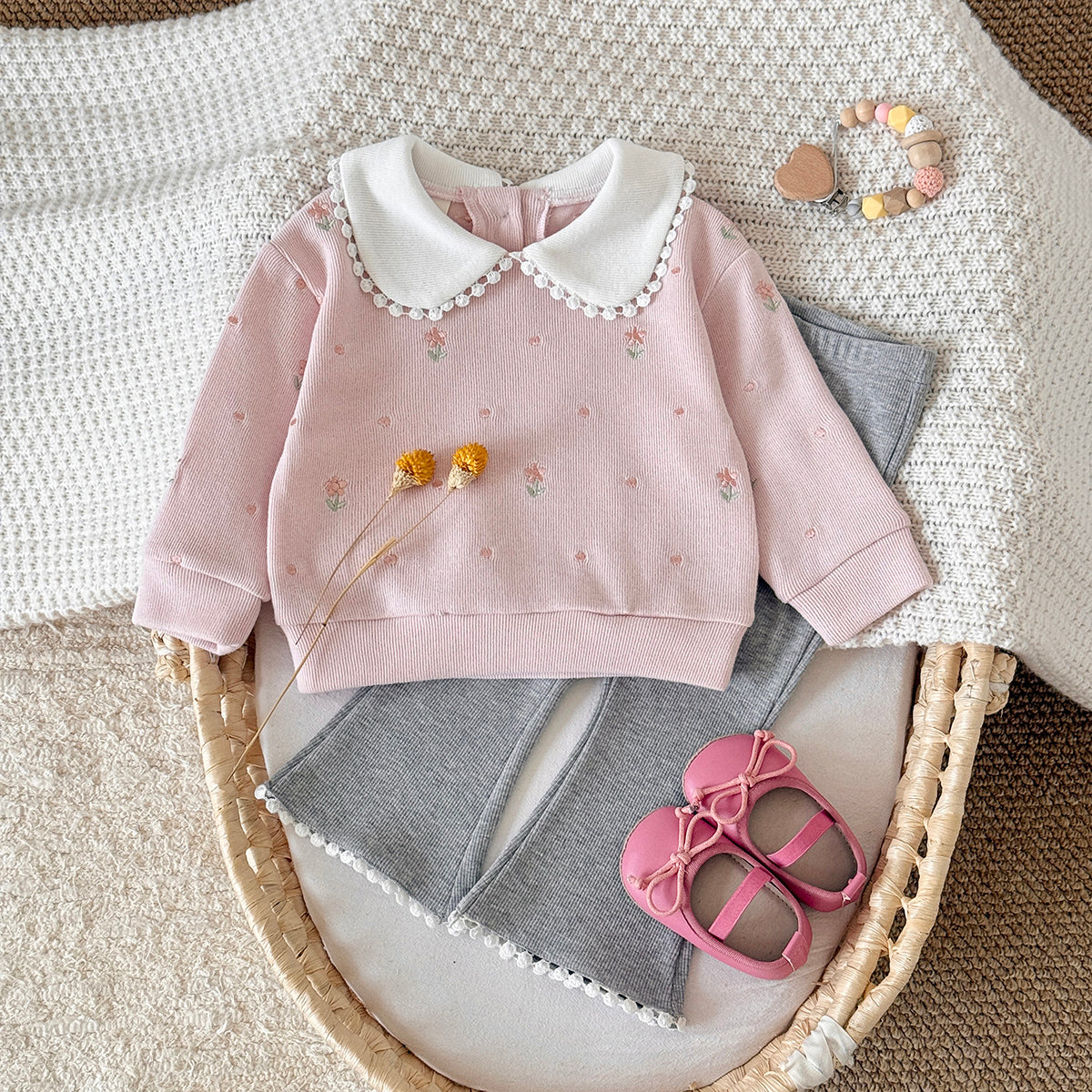 Baby Girl Floral Embroidered Long Sleeve Top and Pants Set Spring Autumn 0-3 Years Old