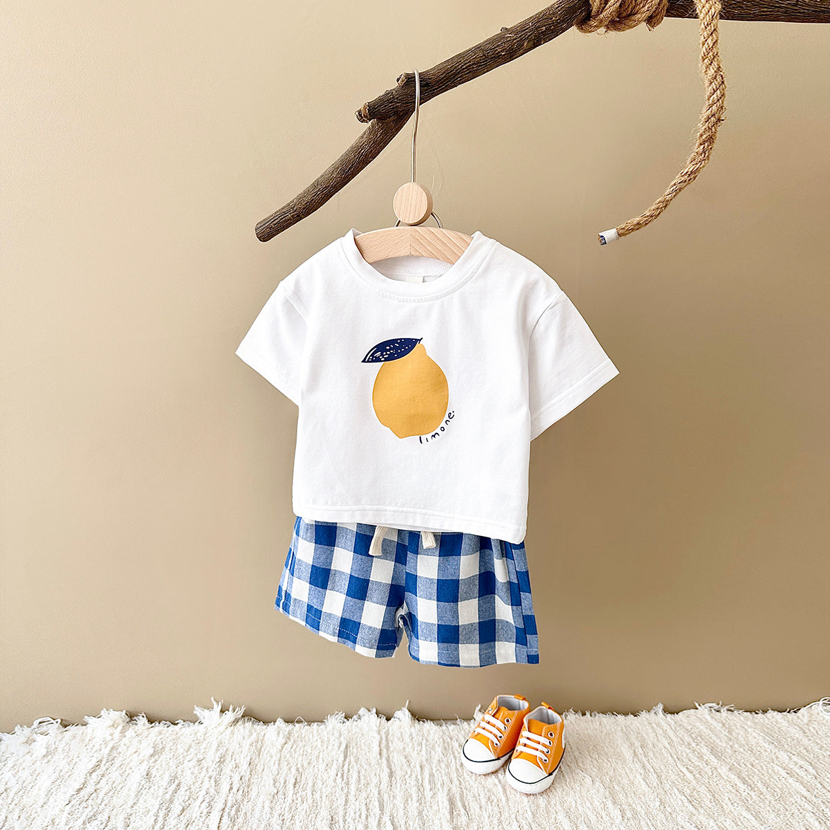 Summer Yellow Plaid Shorts & Pear Print Short Sleeve T-shirt