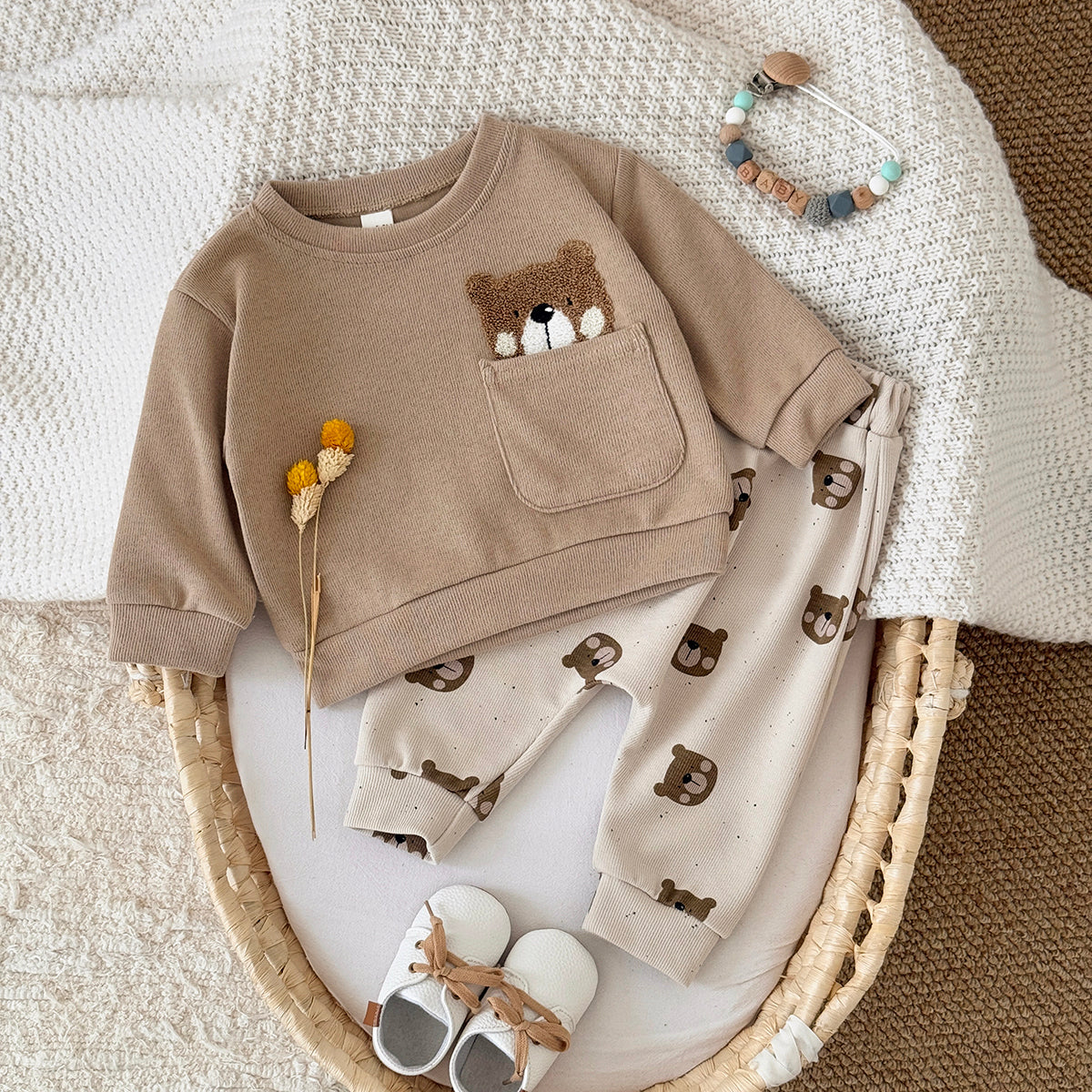 Baby Bear Embroidered Top and Printed Pants Outfit Set 6Months-3Years