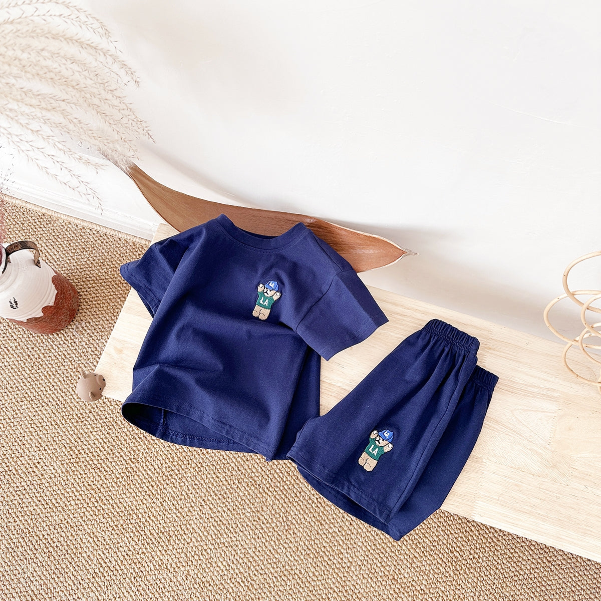Summer Bear Embroidery Short Sleeve Tee Set