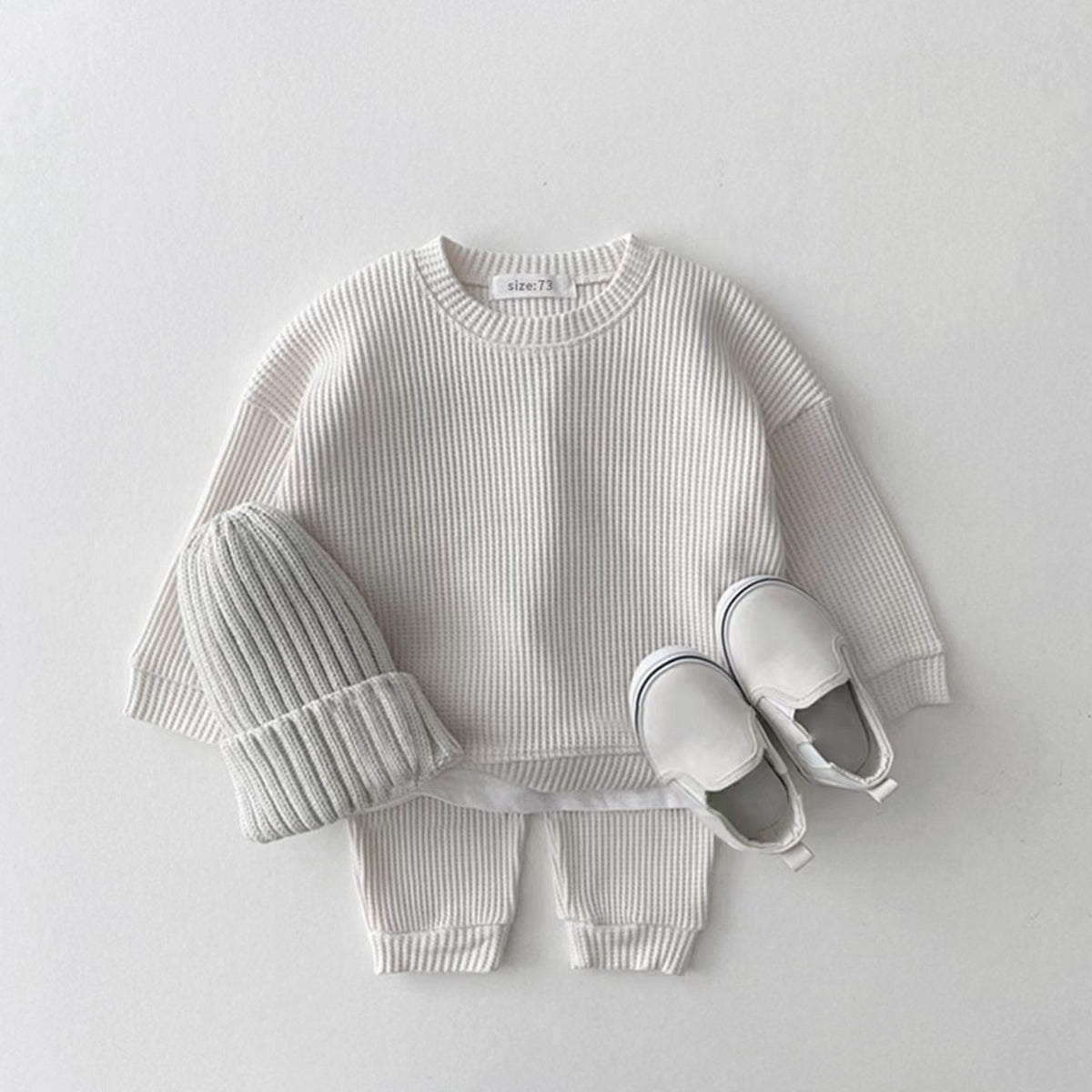 Korean Waffle Baby Outfit Soft Solid Toddler Long Sleeve 2Pcs Set