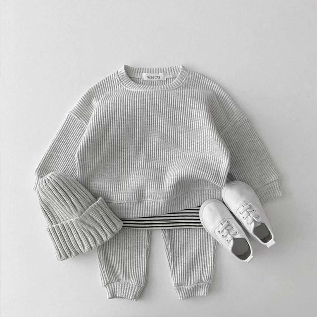 Korean Waffle Baby Outfit Soft Solid Toddler Long Sleeve 2Pcs Set