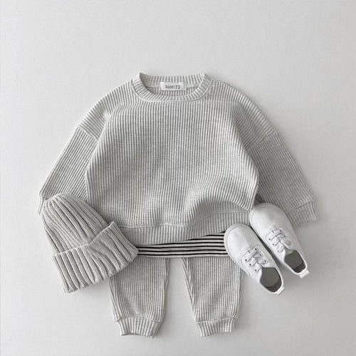 Korean Waffle Baby Outfit Soft Solid Toddler Long Sleeve 2Pcs Set