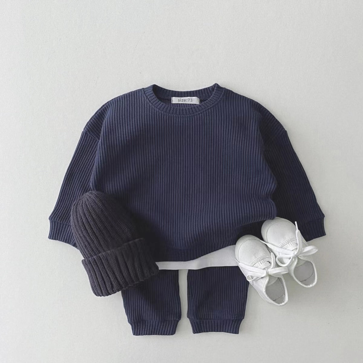 Korean Waffle Baby Outfit Soft Solid Toddler Long Sleeve 2Pcs Set
