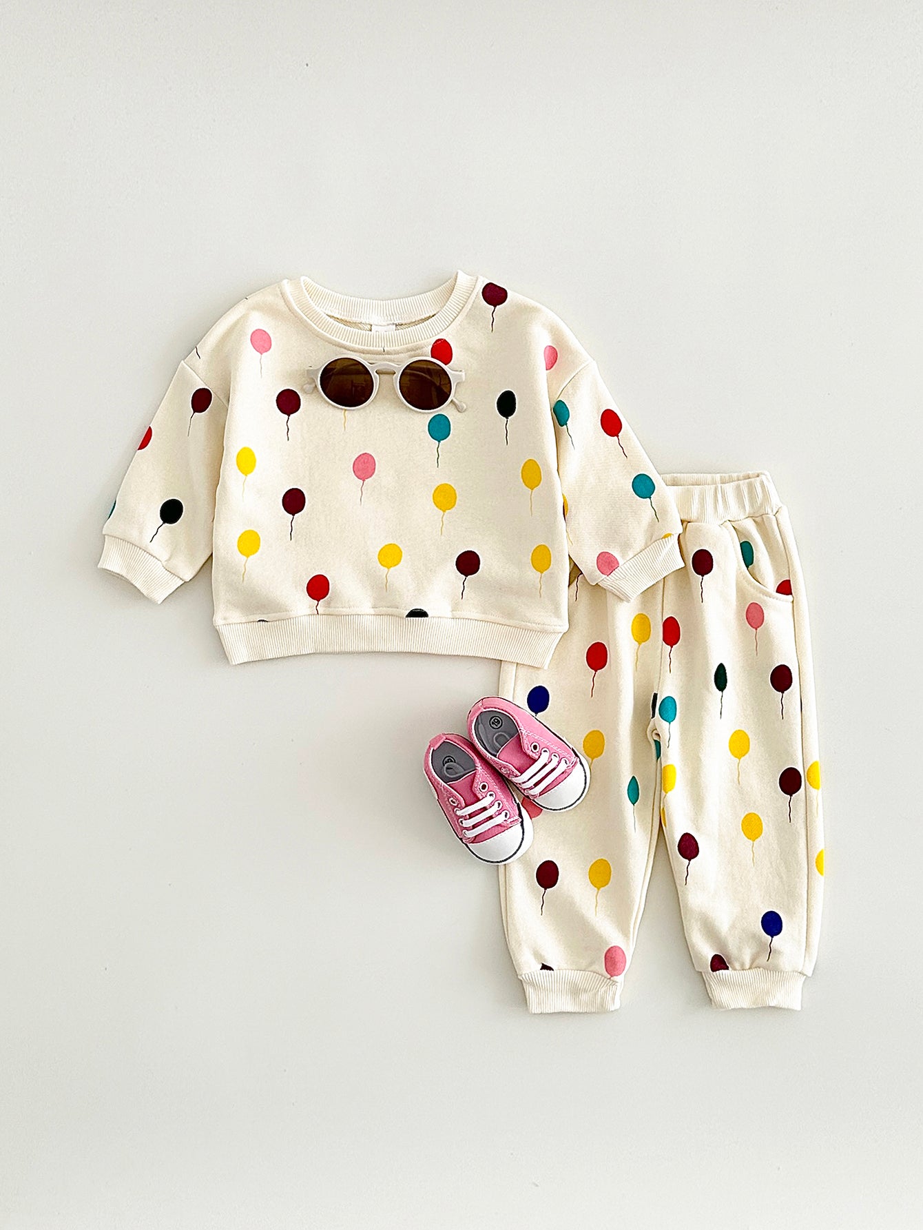 Cream Colorful Balloon Print Baby Sweatshirt Set Korean Unisex 2Pcs Outfit