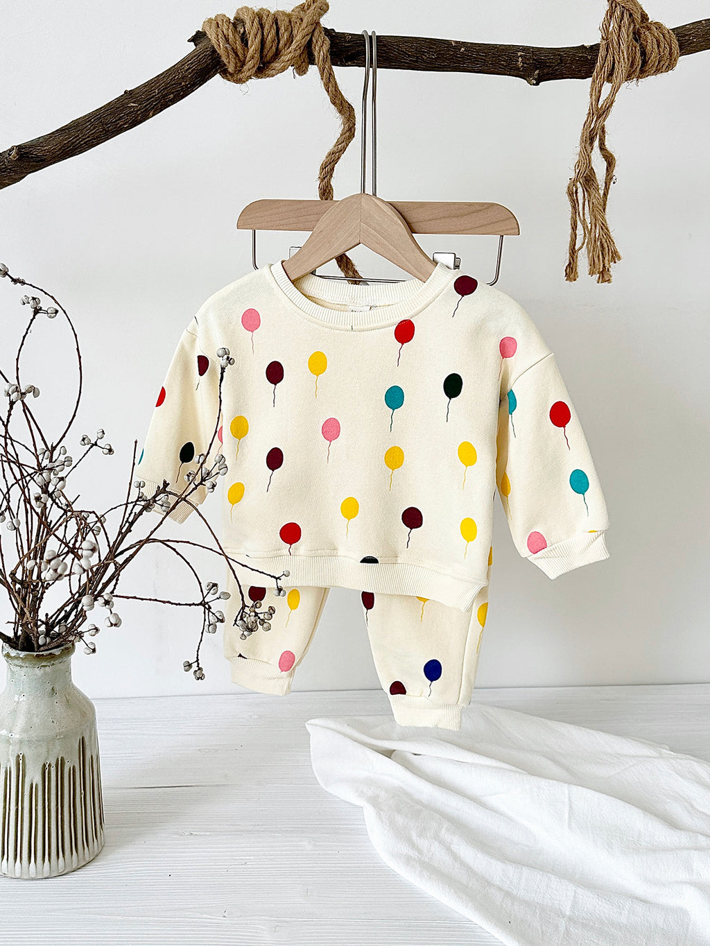 Cream Colorful Balloon Print Baby Sweatshirt Set Korean Unisex 2Pcs Outfit