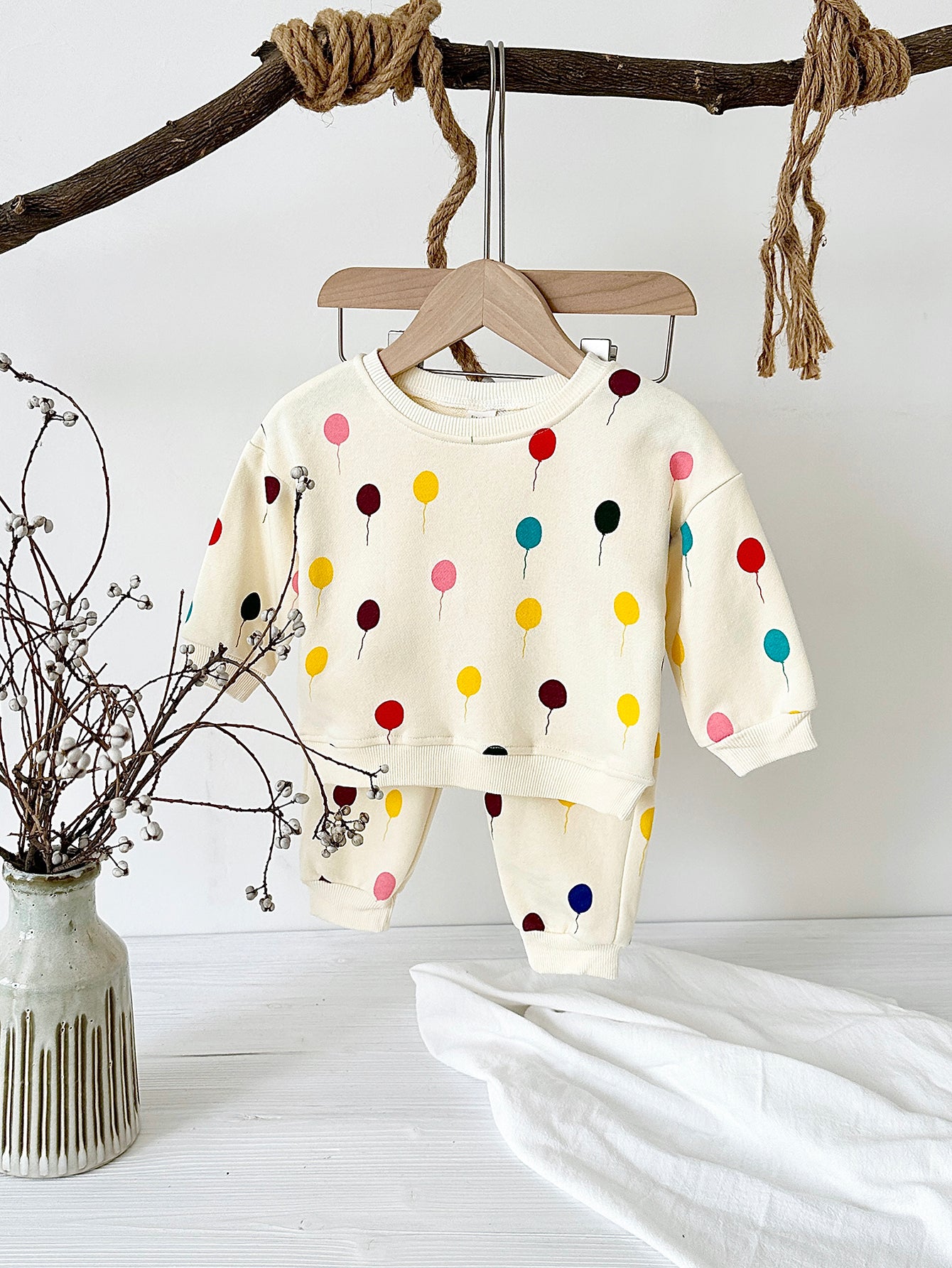Cream Colorful Balloon Print Baby Sweatshirt Set Korean Unisex 2Pcs Outfit