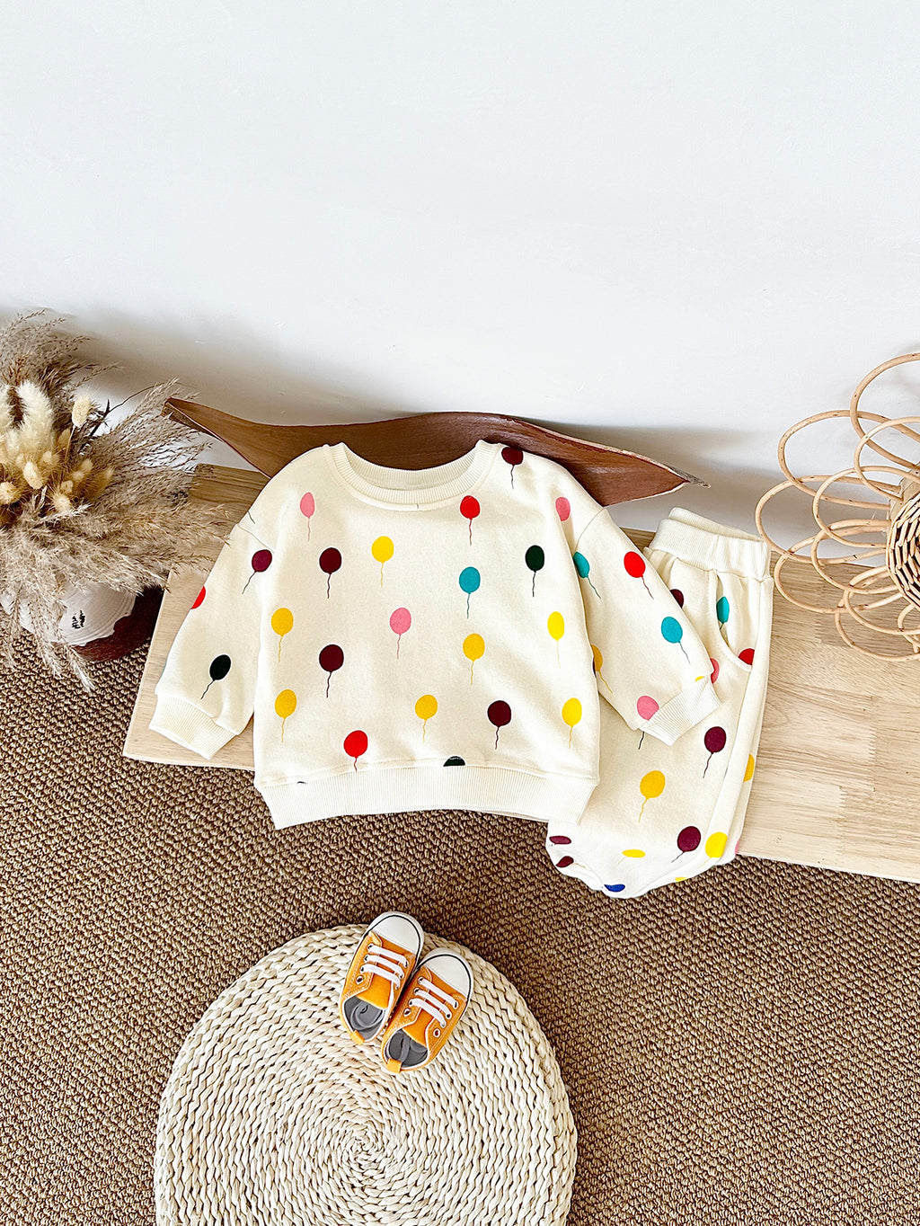 Cream Colorful Balloon Print Baby Sweatshirt Set Korean Unisex 2Pcs Outfit