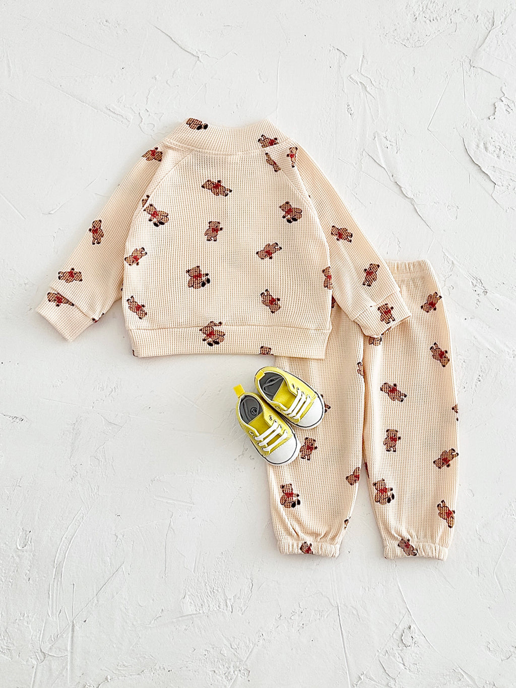 Textured Waffle Toddler Sweatshirt Set Cartoon Bear Korean Infant Suit