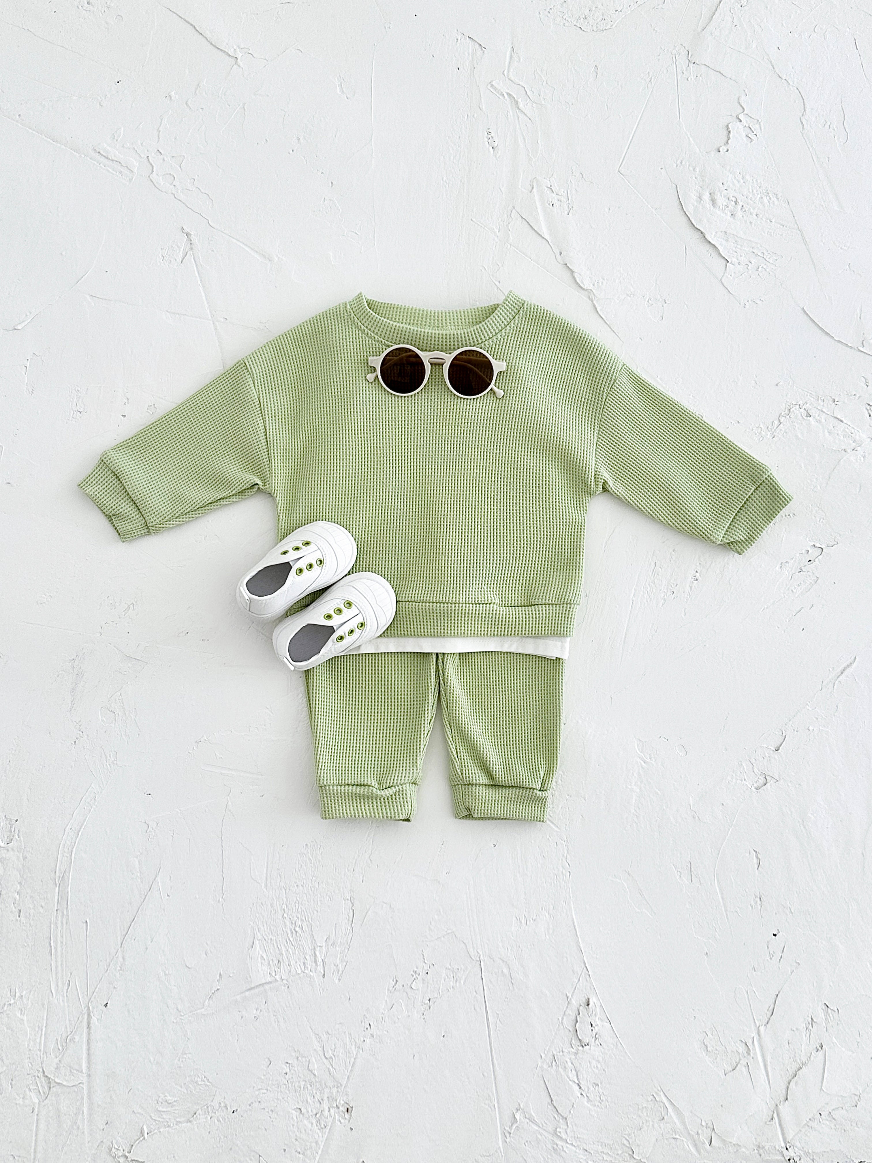 Korean Waffle Baby Outfit Soft Solid Toddler Long Sleeve 2Pcs Set