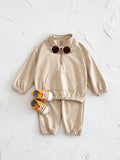 Versatile Kids Solid Half Zip 2Pcs Set Drop Shoulder Sweatshirt Casual Jogger For Girls