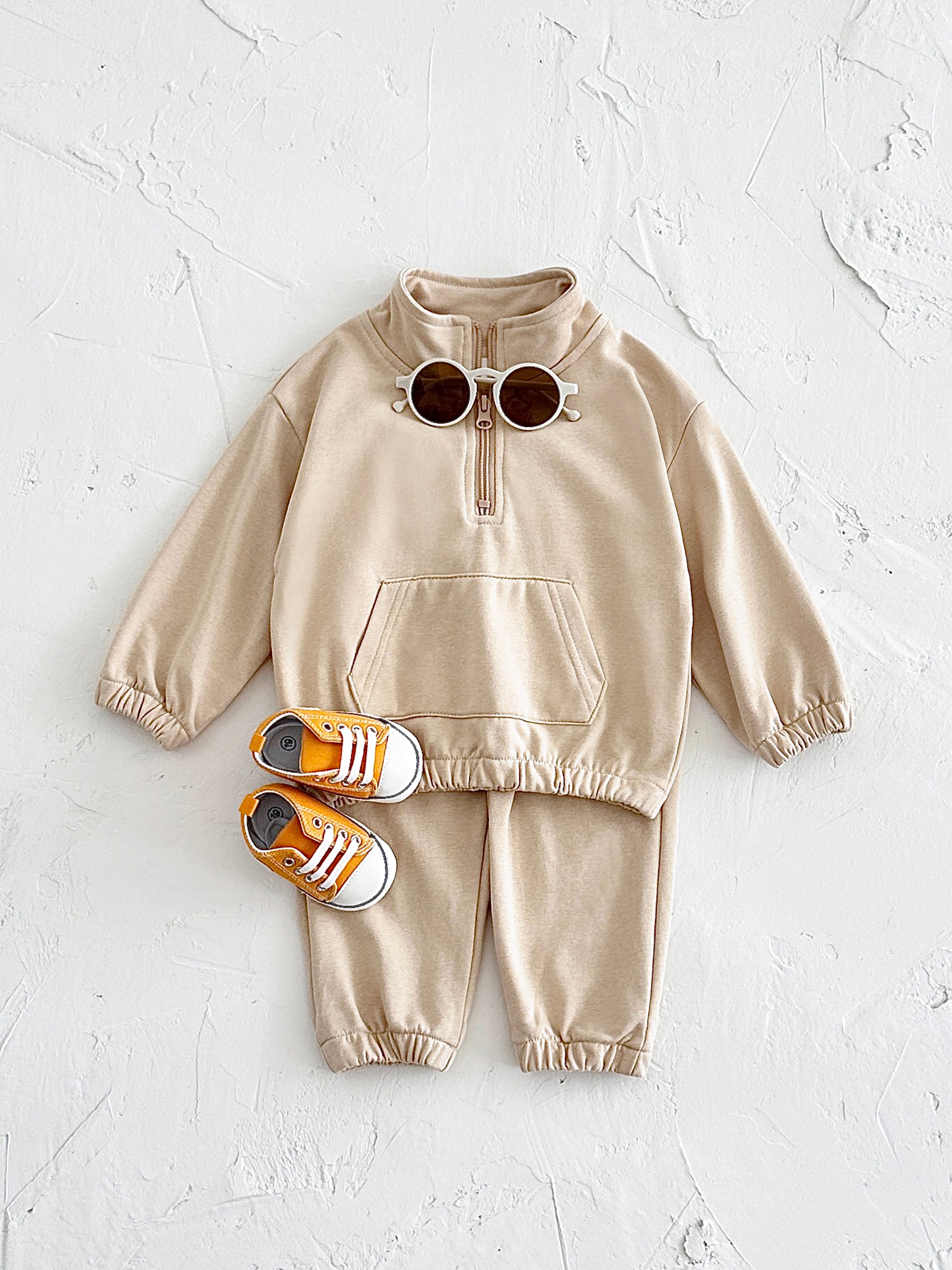 Versatile Kids Solid Half Zip 2Pcs Set Drop Shoulder Sweatshirt Casual Jogger For Girls