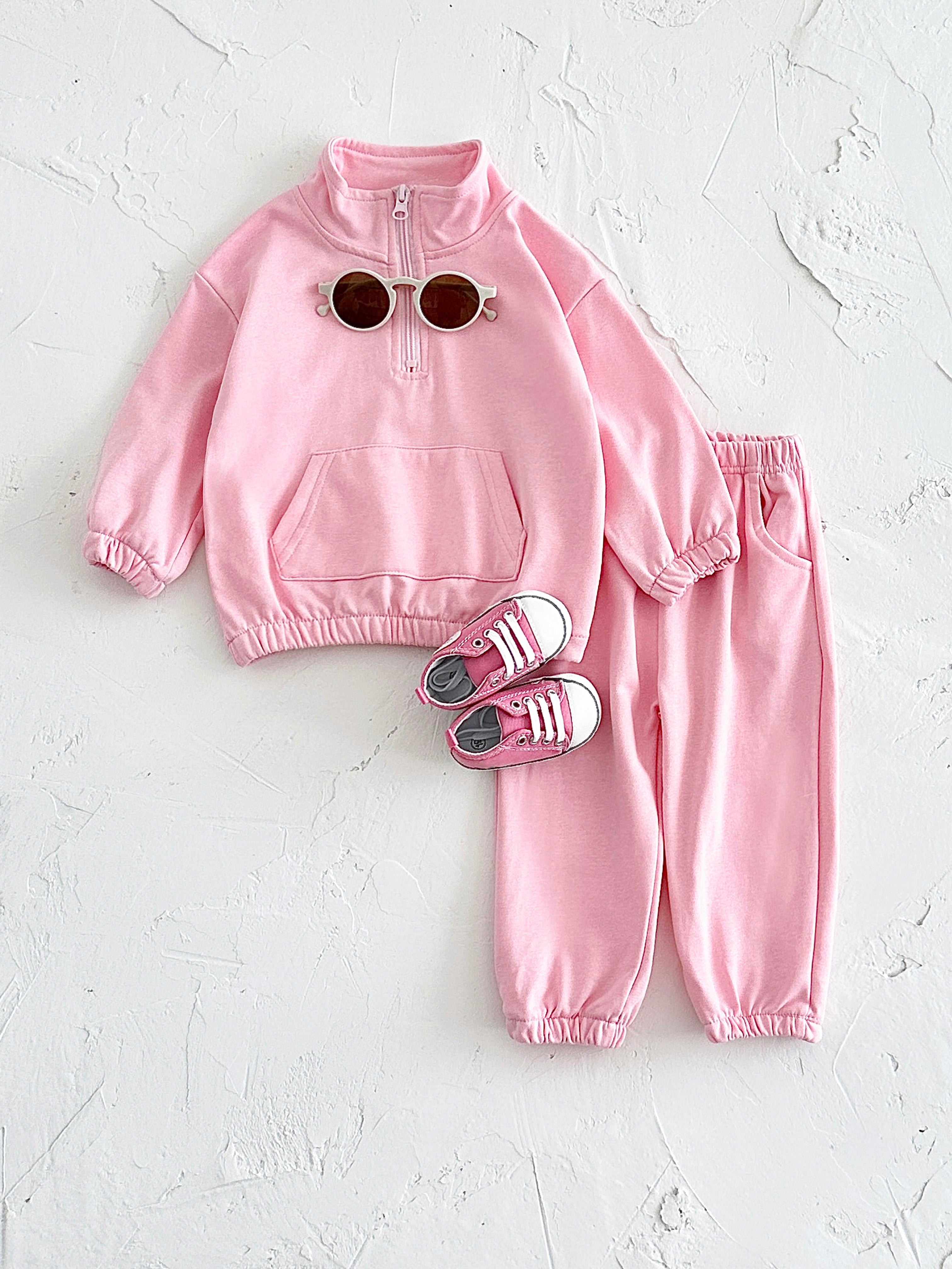 Versatile Kids Solid Half Zip 2Pcs Set Drop Shoulder Sweatshirt Casual Jogger For Girls