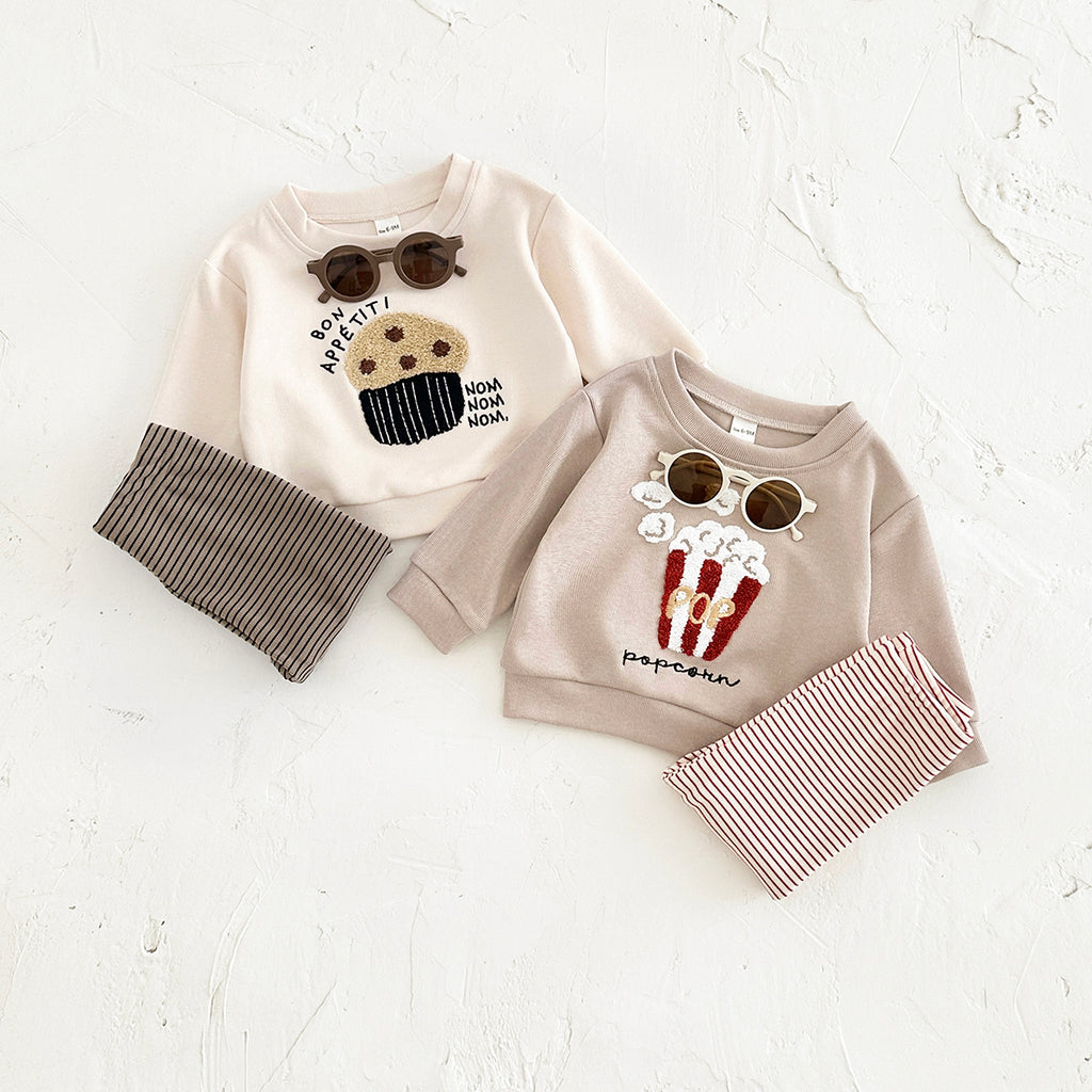 Cute Baby Snack Outfit, 3D Towel Embroidery Sweatshirt With Striped Pants
