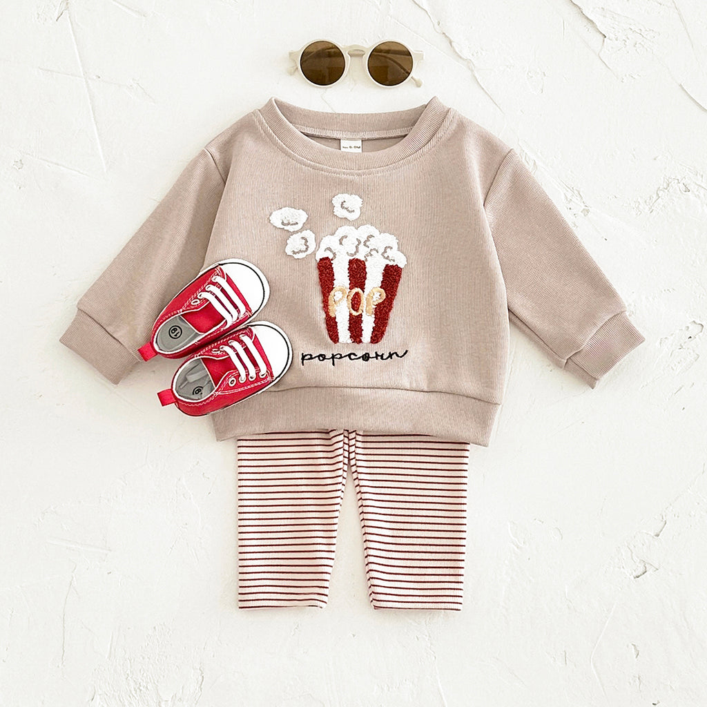 Cute Baby Snack Outfit, 3D Towel Embroidery Sweatshirt With Striped Pants