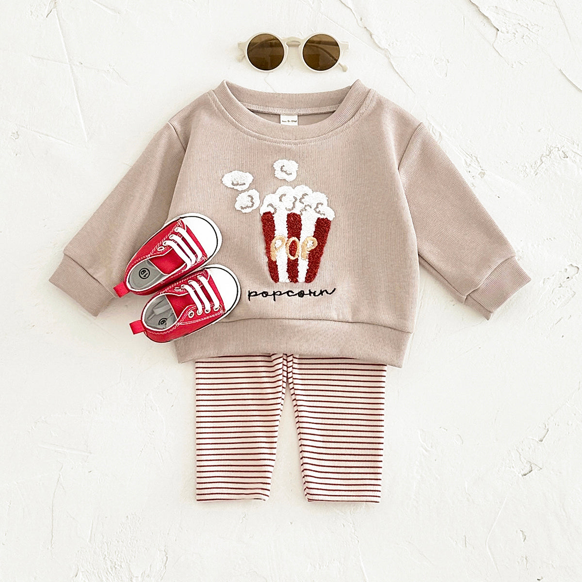 Cute Baby Snack Outfit, 3D Towel Embroidery Sweatshirt With Striped Pants