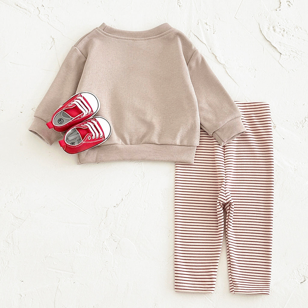 Cute Baby Snack Outfit, 3D Towel Embroidery Sweatshirt With Striped Pants