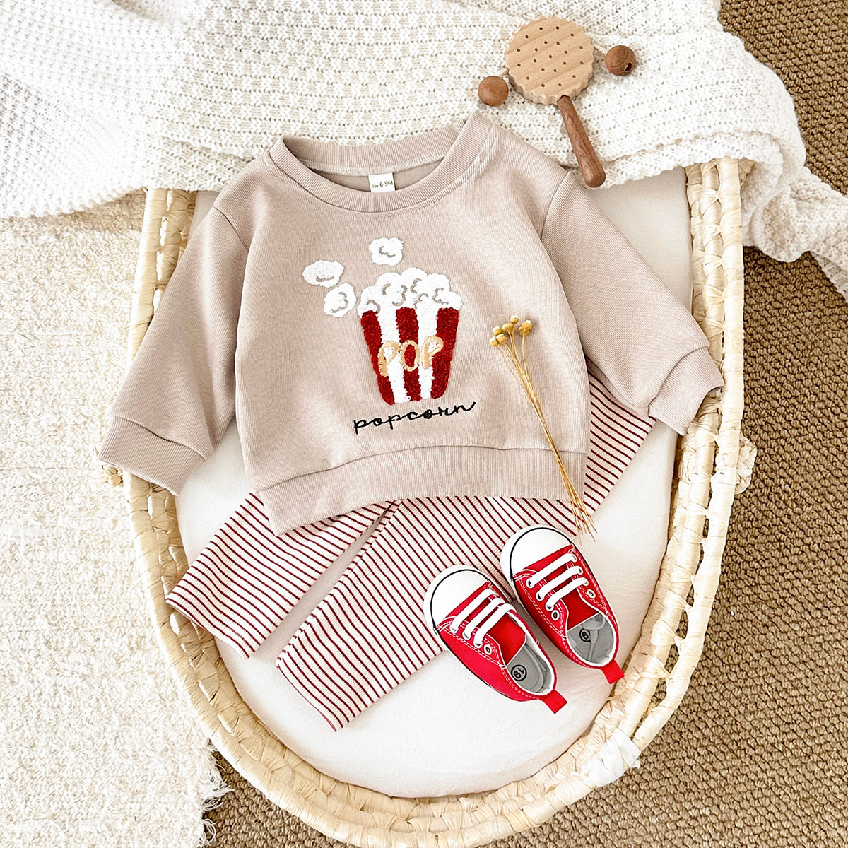 Cute Baby Snack Outfit, 3D Towel Embroidery Sweatshirt With Striped Pants
