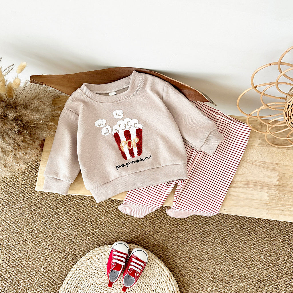 Cute Baby Snack Outfit, 3D Towel Embroidery Sweatshirt With Striped Pants