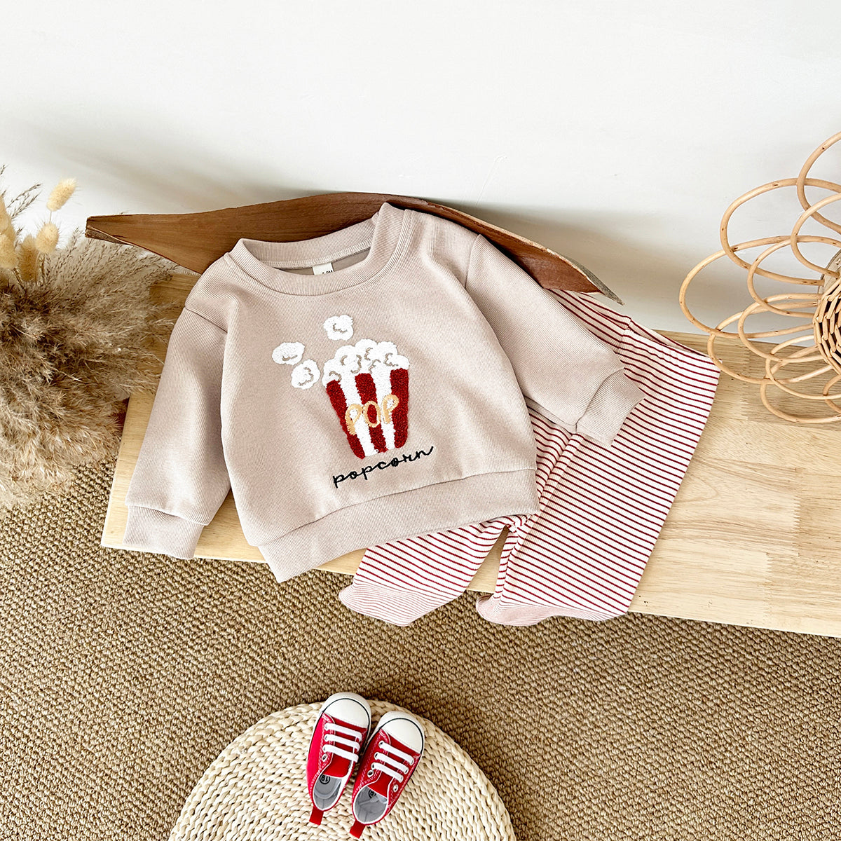 Cute Baby Snack Outfit, 3D Towel Embroidery Sweatshirt With Striped Pants