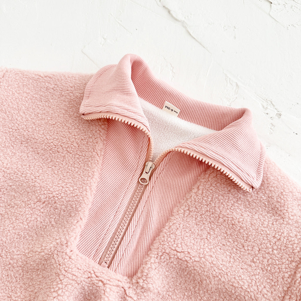 Cute Baby Half Zip Sherpa Jacket, Rib Cuff Collar Kids Warm Coat
