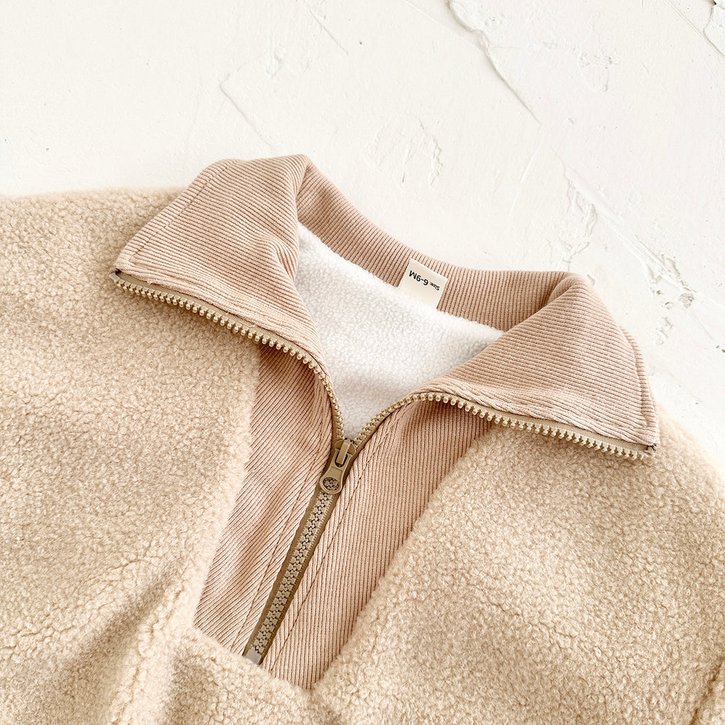 Cute Baby Half Zip Sherpa Jacket, Rib Cuff Collar Kids Warm Coat