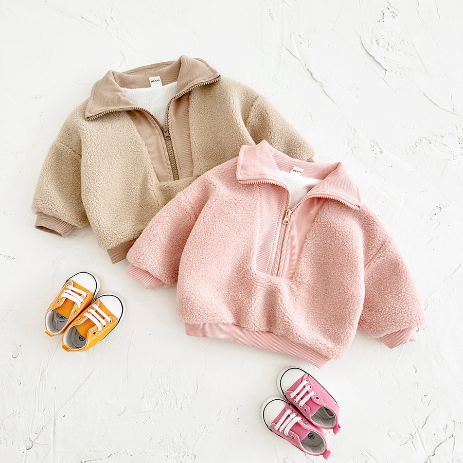 Cute Baby Half Zip Sherpa Jacket, Rib Cuff Collar Kids Warm Coat