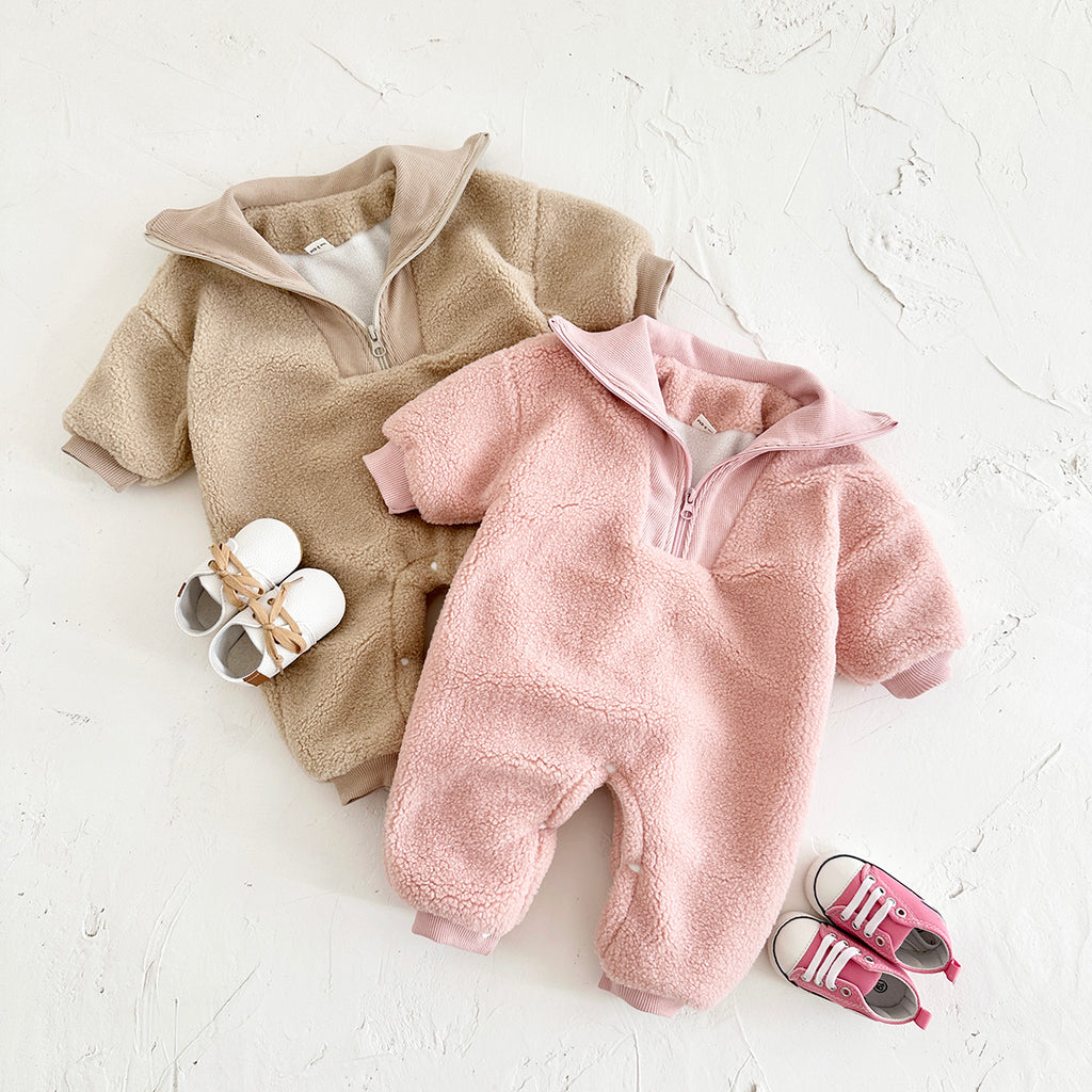 Baby Boy Girl Collar Sherpa Romper, Half Zip Winter Infant Outfit