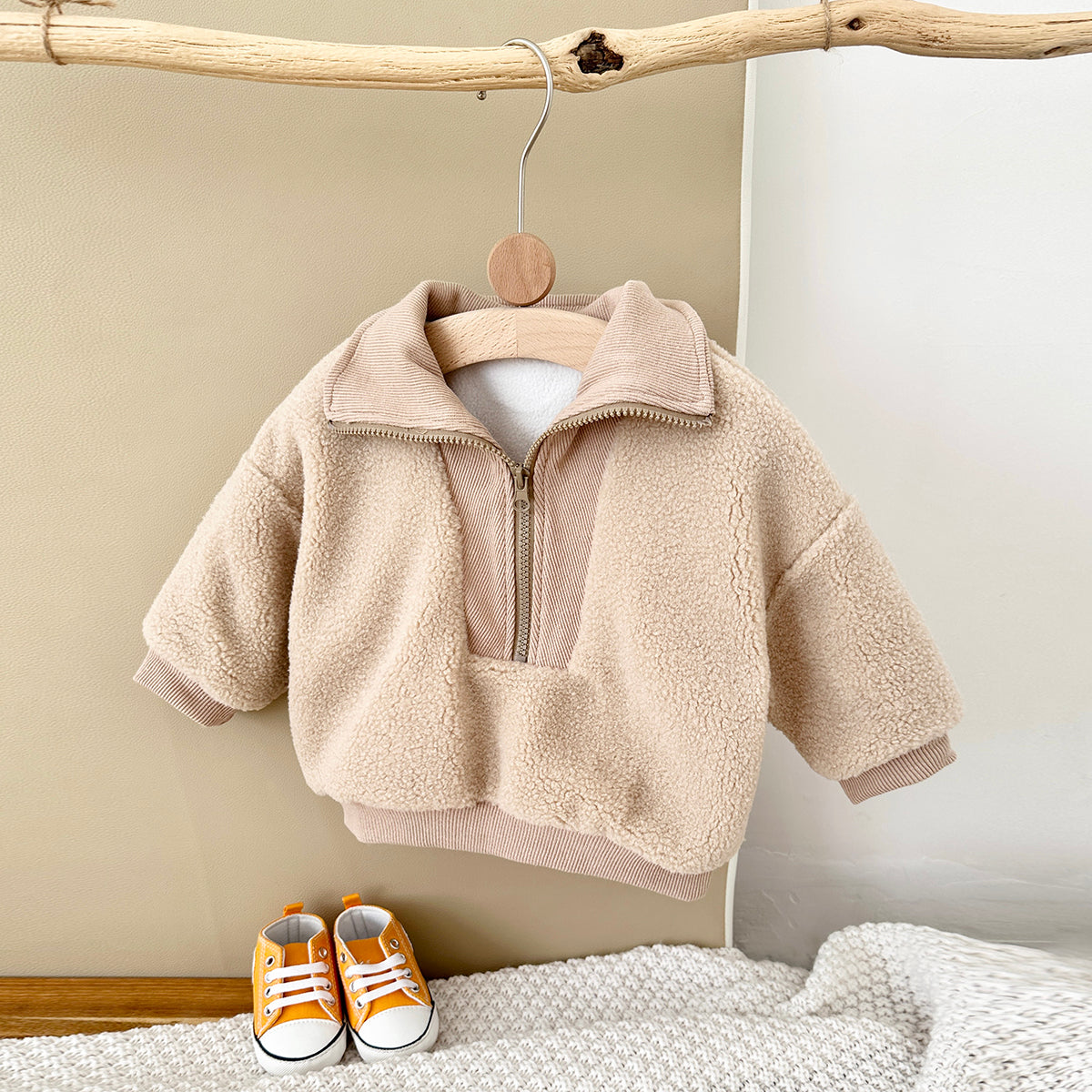 Cute Baby Half Zip Sherpa Jacket, Rib Cuff Collar Kids Warm Coat