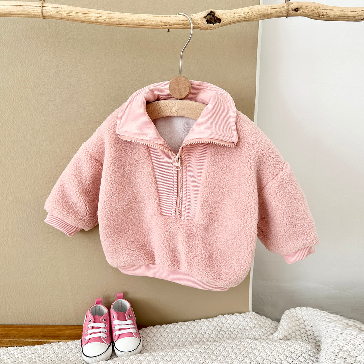 Cute Baby Half Zip Sherpa Jacket, Rib Cuff Collar Kids Warm Coat